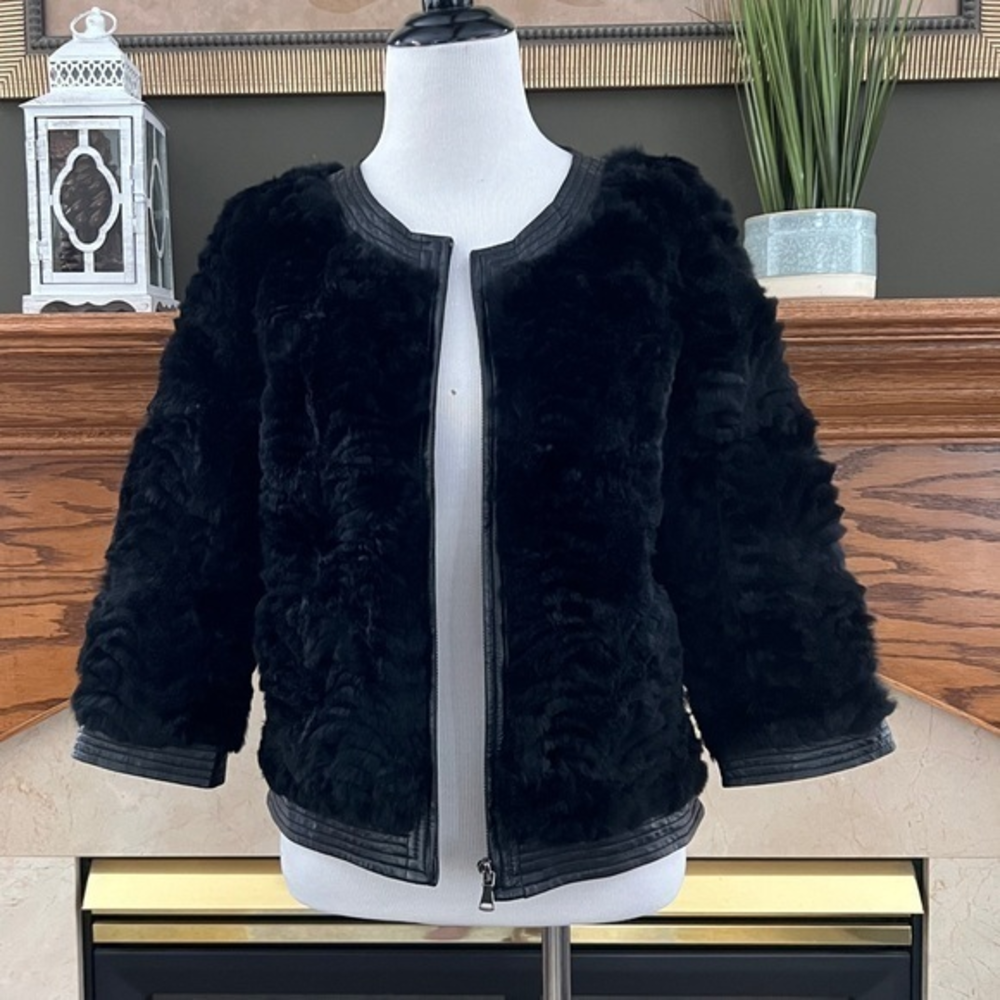 Dana Stein Women's Black Cropped Rabbit Fur Lamb Skin Coat Sz.‎ S